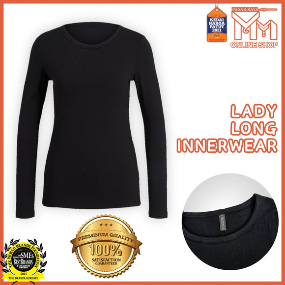 Lady Long Sleeve Round Neck Inner Black Premium Baju Dalam Lengan Panjang Hitam Wanita